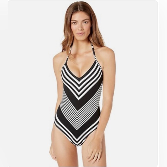La Blanca Fine Line Halter Black and White Chevron One-Piece Swimsuit